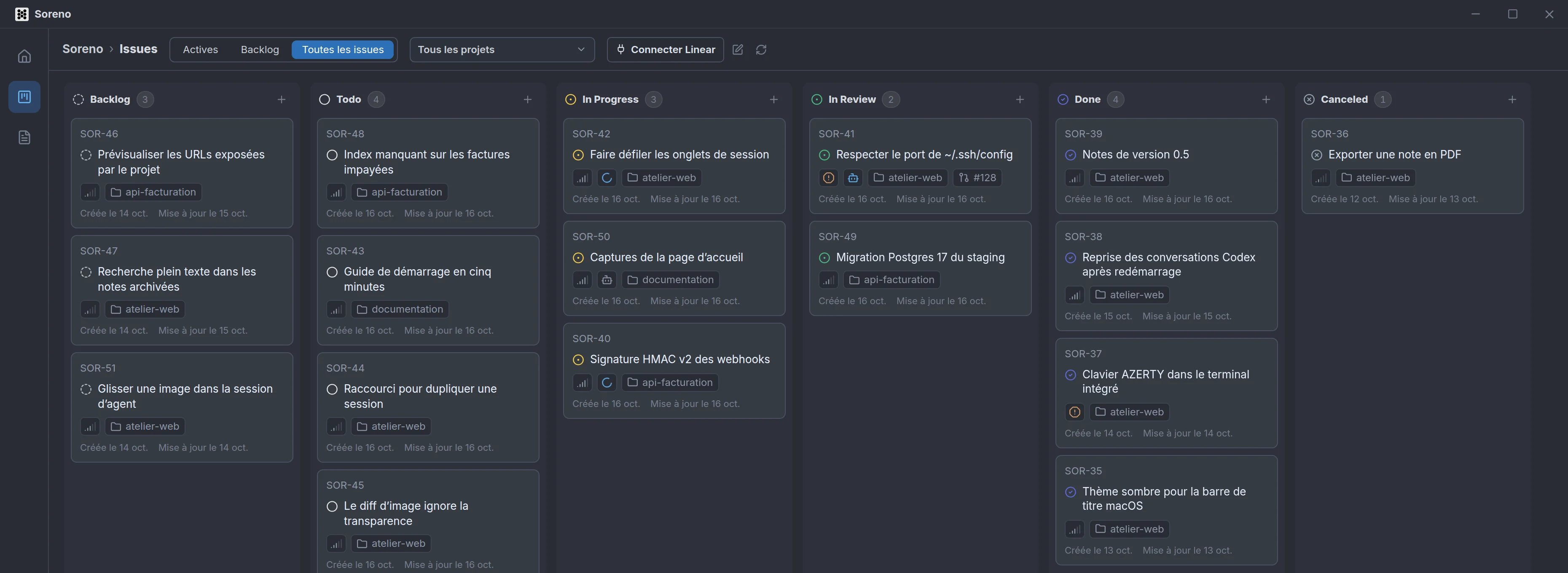 Le tableau Kanban avec ses colonnes Backlog, Todo, In Progress, In Review, Done et Canceled. Les issues en cours affichent l’agent qui y travaille.
