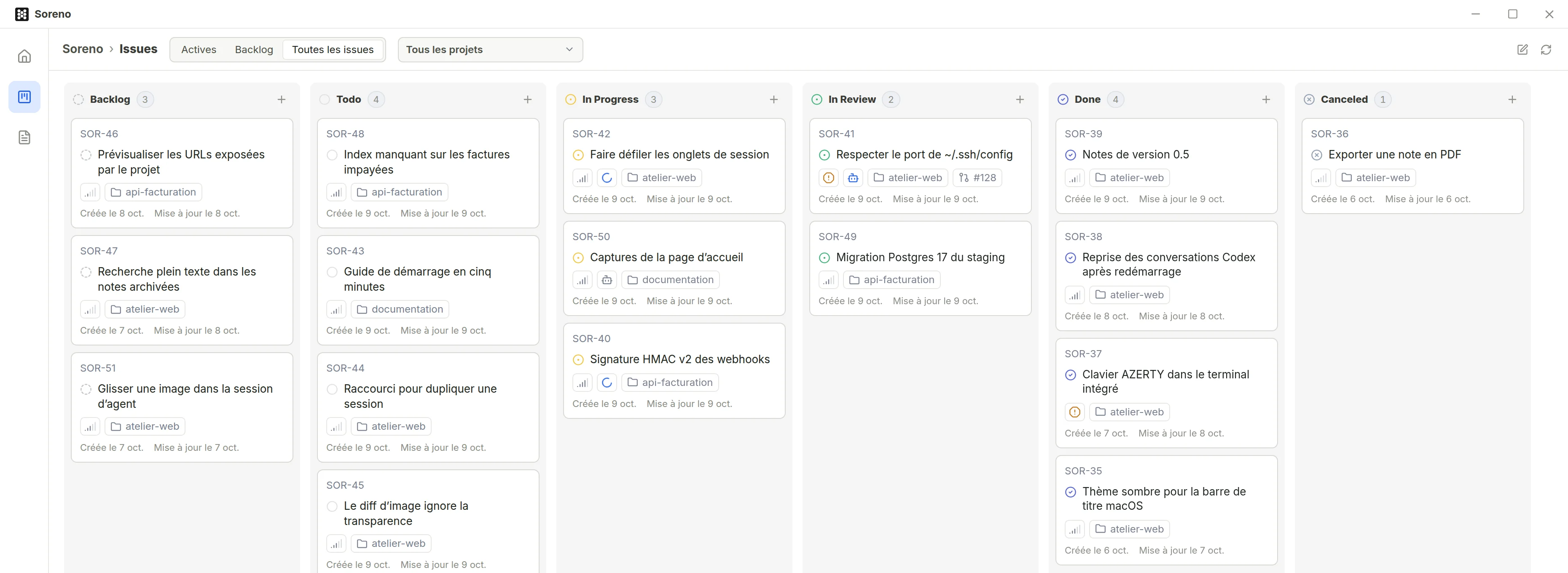 Le tableau Kanban avec ses colonnes Backlog, Todo, In Progress, In Review, Done et Canceled. Les issues en cours affichent l’agent qui y travaille.
