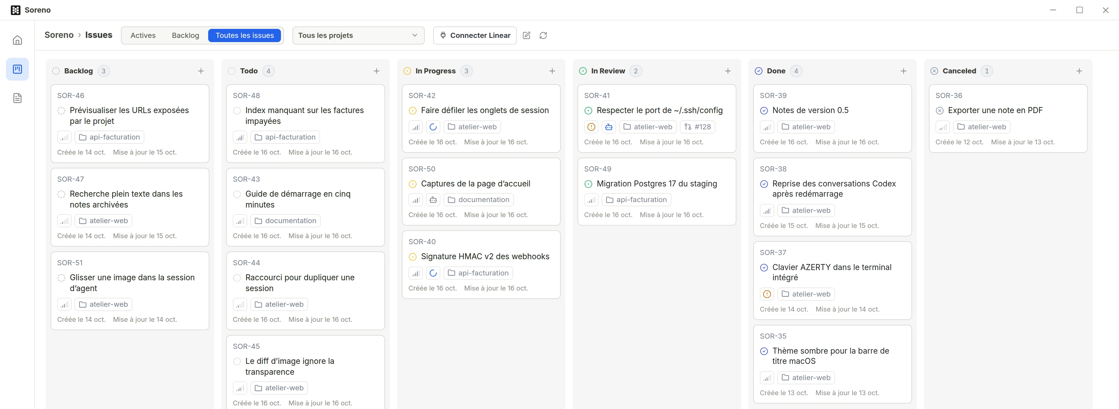Le tableau Kanban avec ses colonnes Backlog, Todo, In Progress, In Review, Done et Canceled. Les issues en cours affichent l’agent qui y travaille.