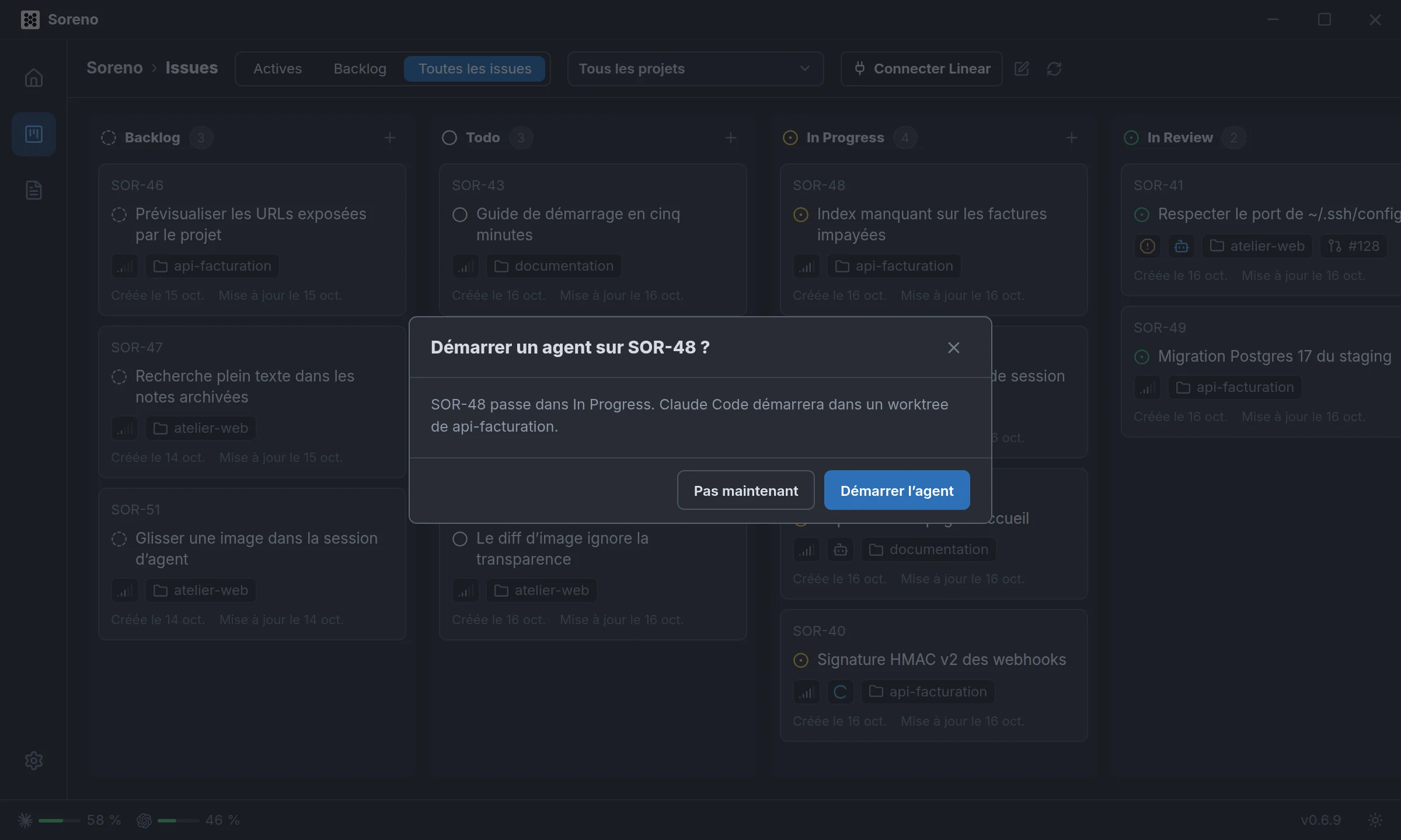 Le Kanban de Soreno juste après avoir déposé SOR-48 dans In Progress. Une fenêtre demande « Démarrer un agent sur SOR-48 ? » : Claude Code démarrera dans un worktree d’api-facturation, avec les boutons Pas maintenant et Démarrer l’agent.