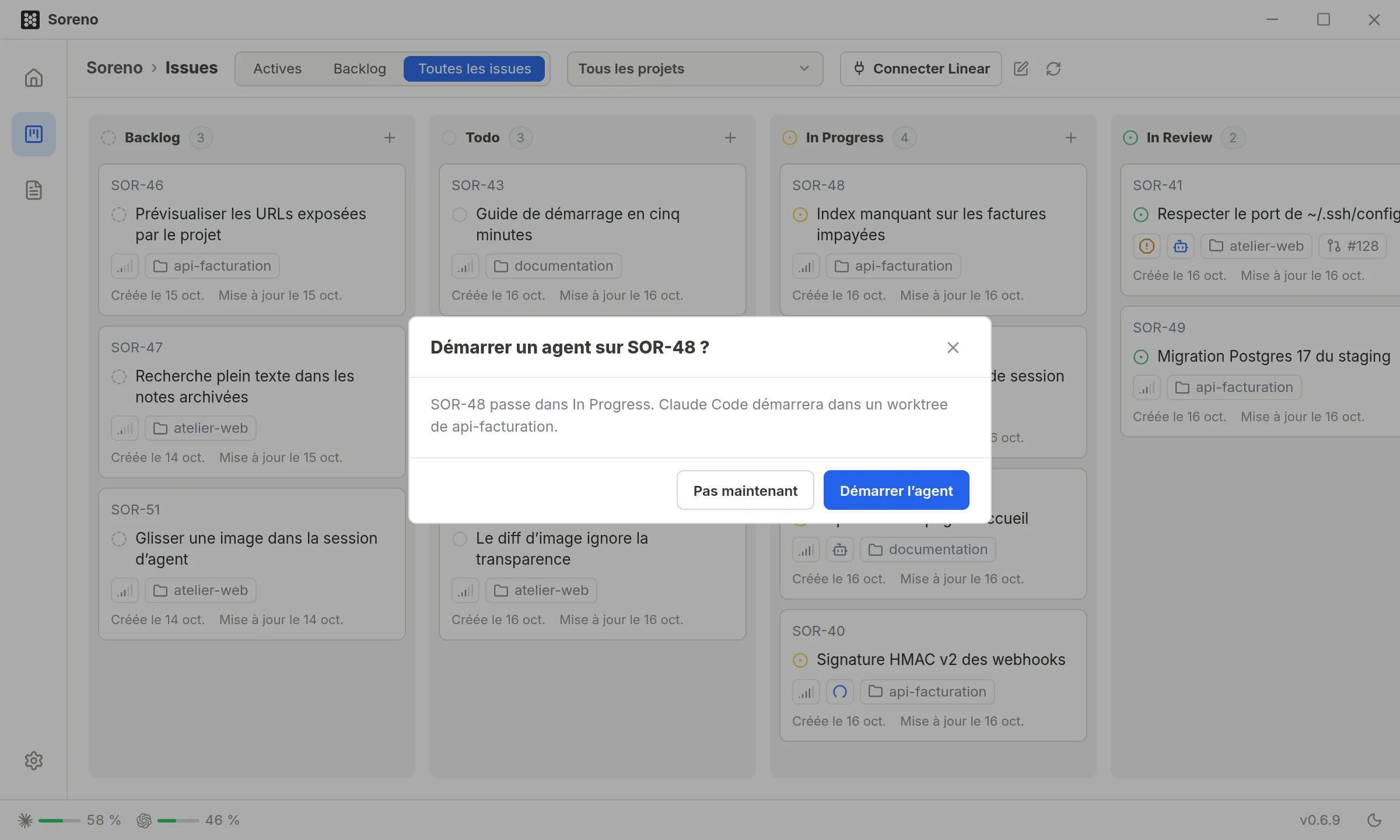Le Kanban de Soreno juste après avoir déposé SOR-48 dans In Progress. Une fenêtre demande « Démarrer un agent sur SOR-48 ? » : Claude Code démarrera dans un worktree d’api-facturation, avec les boutons Pas maintenant et Démarrer l’agent.