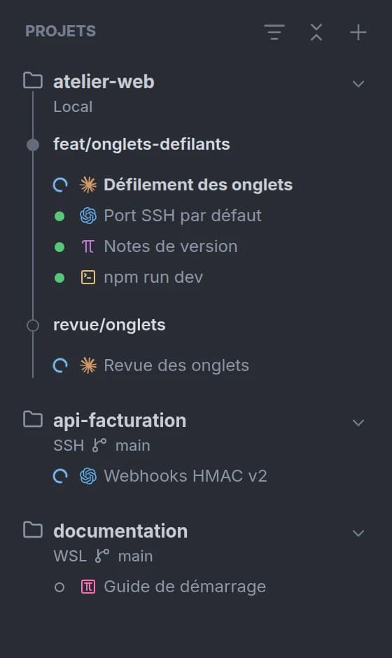 La liste des projets : atelier-web en local avec deux worktrees, api-facturation sur un serveur SSH et documentation dans WSL, chacun avec ses sessions et leur état.