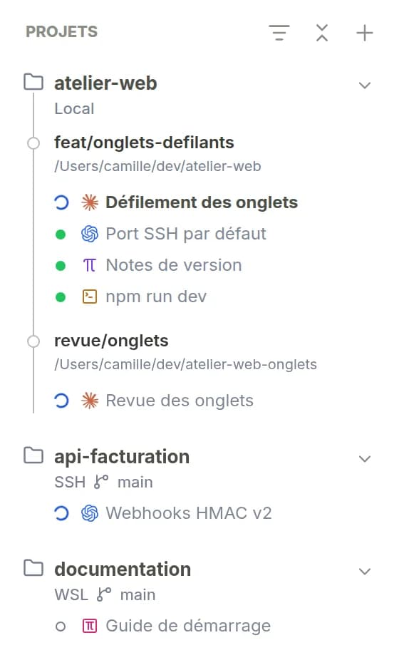 La liste des projets : atelier-web en local avec deux worktrees, api-facturation sur un serveur SSH et documentation dans WSL, chacun avec ses sessions et leur état.