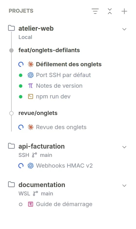 La liste des projets : atelier-web en local avec deux worktrees, api-facturation sur un serveur SSH et documentation dans WSL, chacun avec ses sessions et leur état.