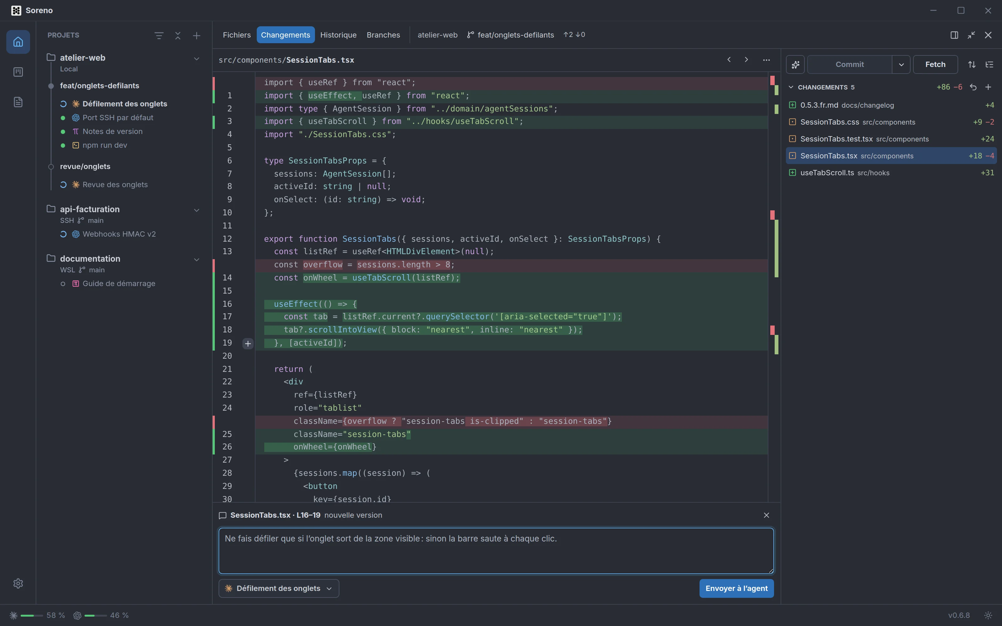 Le panneau Git agrandi sur le diff de SessionTabs.tsx, avec une remarque sur les lignes 16 à 19 prête à partir vers la session Claude Code.
