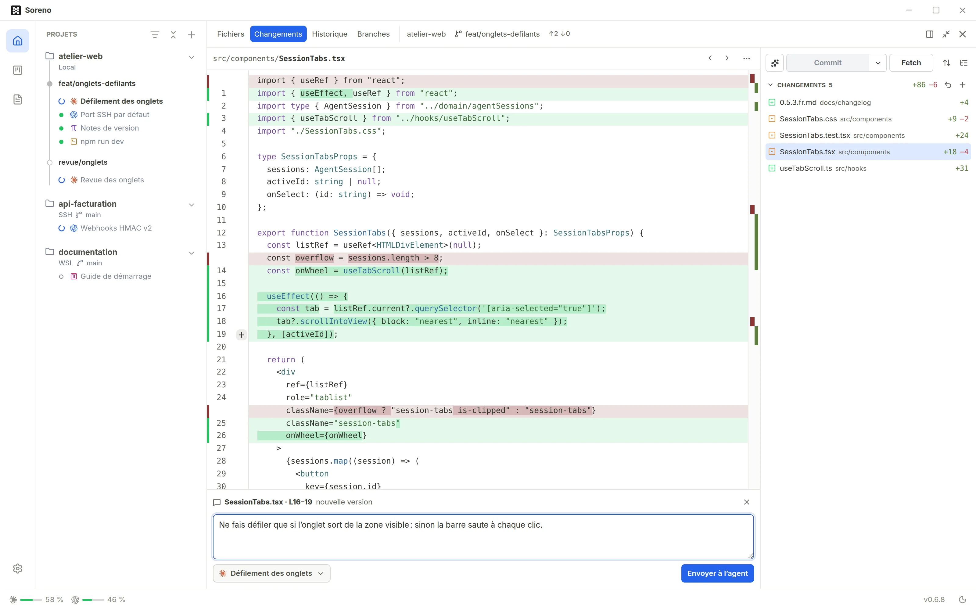 Le panneau Git agrandi sur le diff de SessionTabs.tsx, avec une remarque sur les lignes 16 à 19 prête à partir vers la session Claude Code.