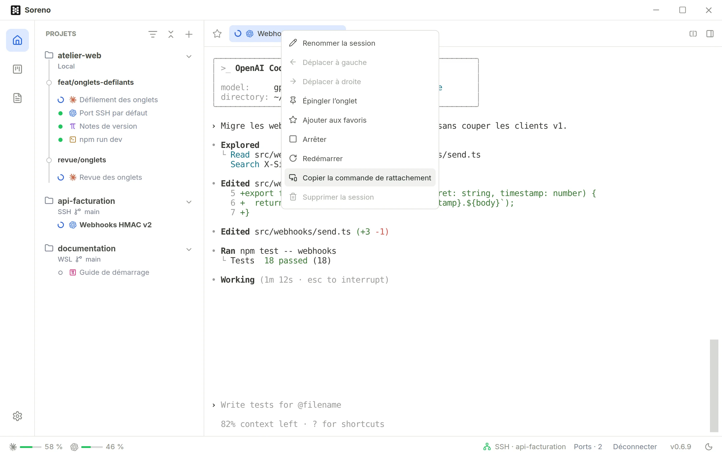 Le menu de l’onglet Webhooks HMAC v2, avec Renommer, Épingler, Ajouter aux favoris, Arrêter, Redémarrer et Copier la commande de rattachement survolé.
