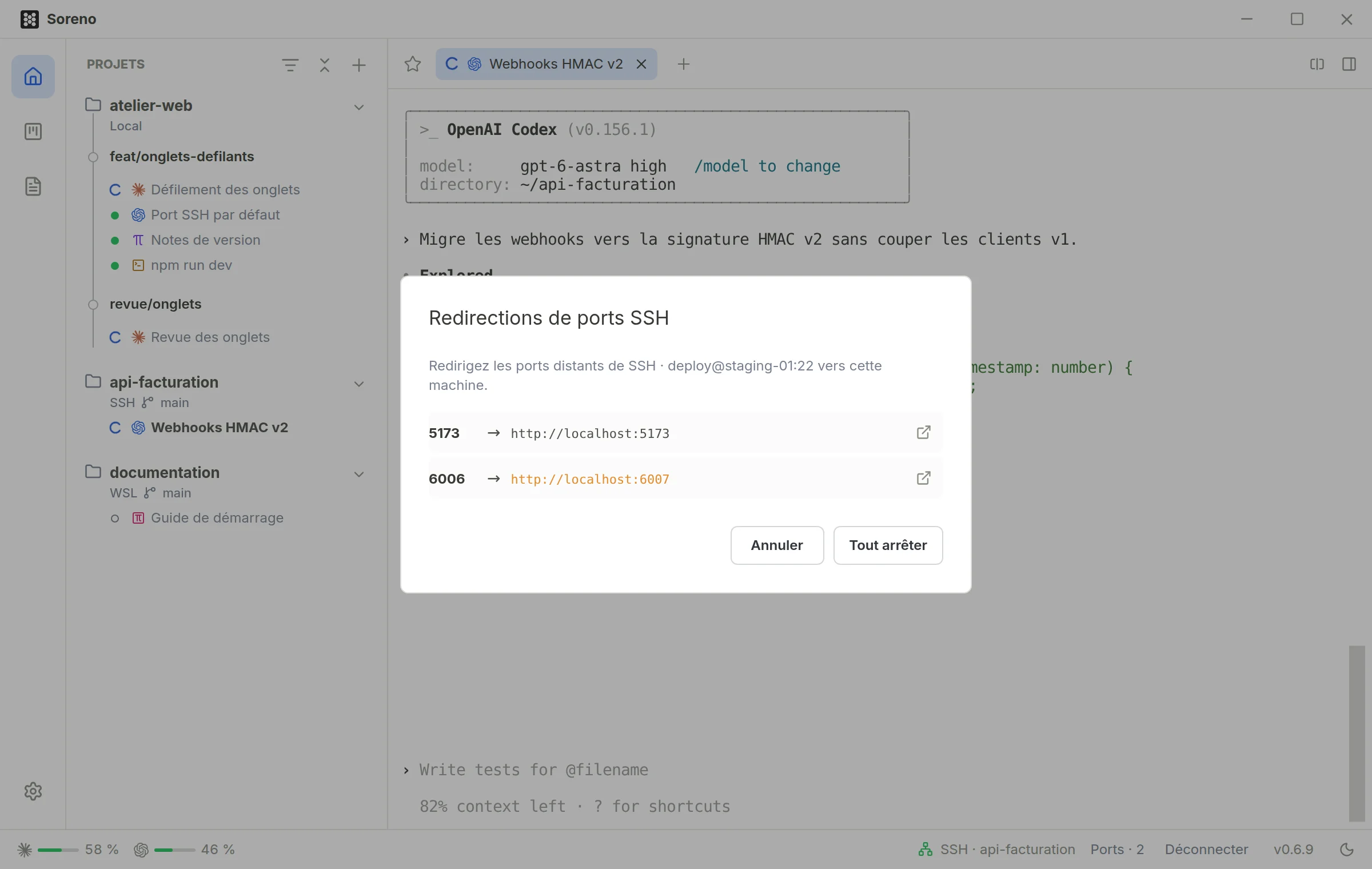 La fenêtre Redirections de ports SSH : le port 5173 du serveur est ouvert sur http://localhost:5173 et le port 6006 sur http://localhost:6007, avec le bouton Tout arrêter.